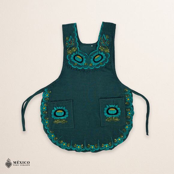 Turquoise Mexican Embroidered Smock Apron – Floral Traditional Design for Women - Picture 3 of 8